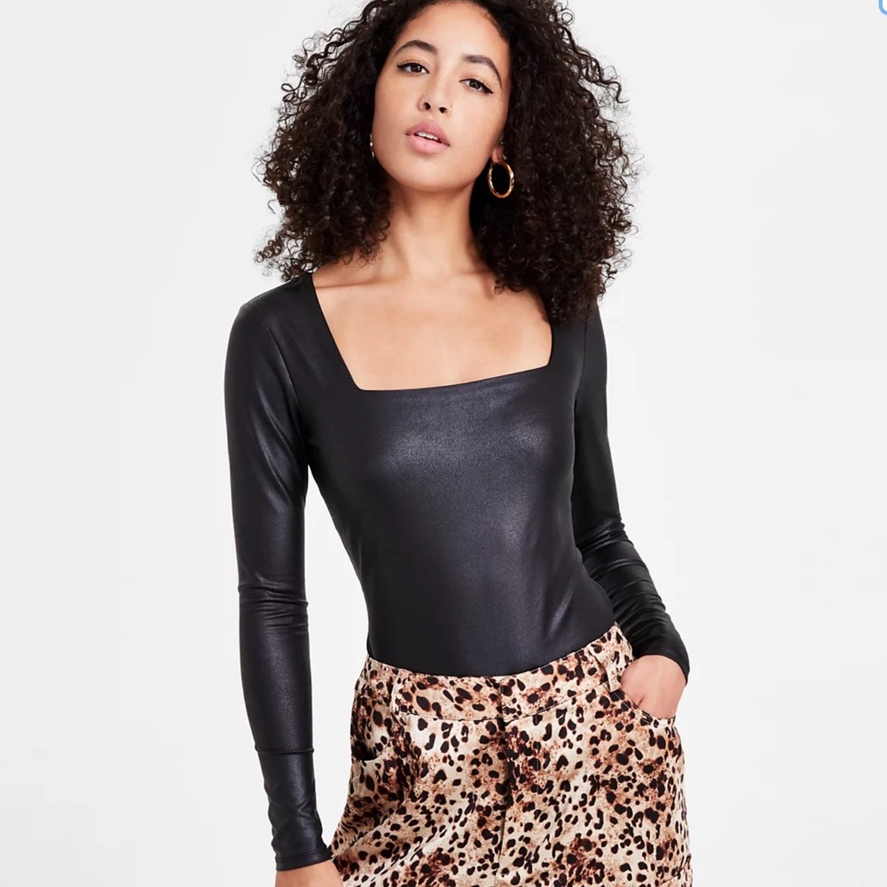 NWT- Bar III ‘Coated Square Neck’ Long Sleeve Stretch Knit Body Suit